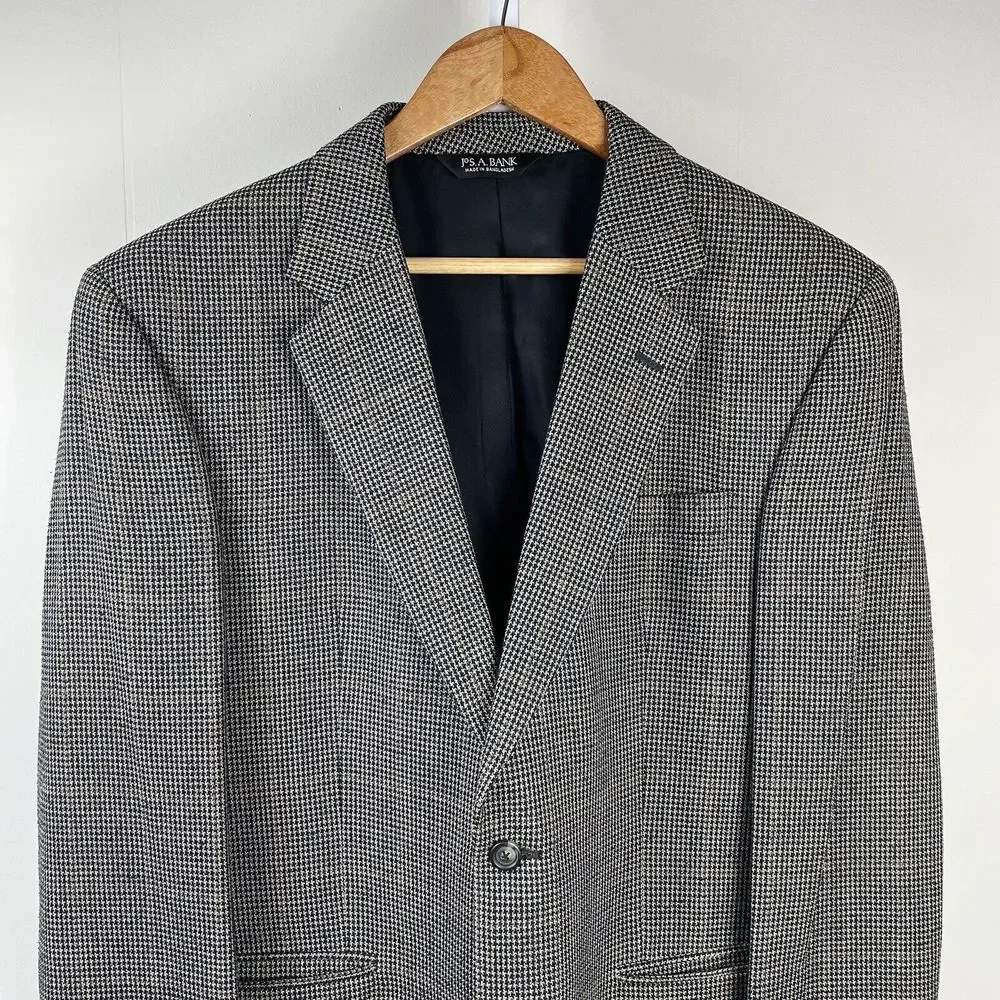 Jos. A. Bank Navy Cream Houndstooth‎ Blazer Jacket Sport Coat Silk Wool Mens 44R